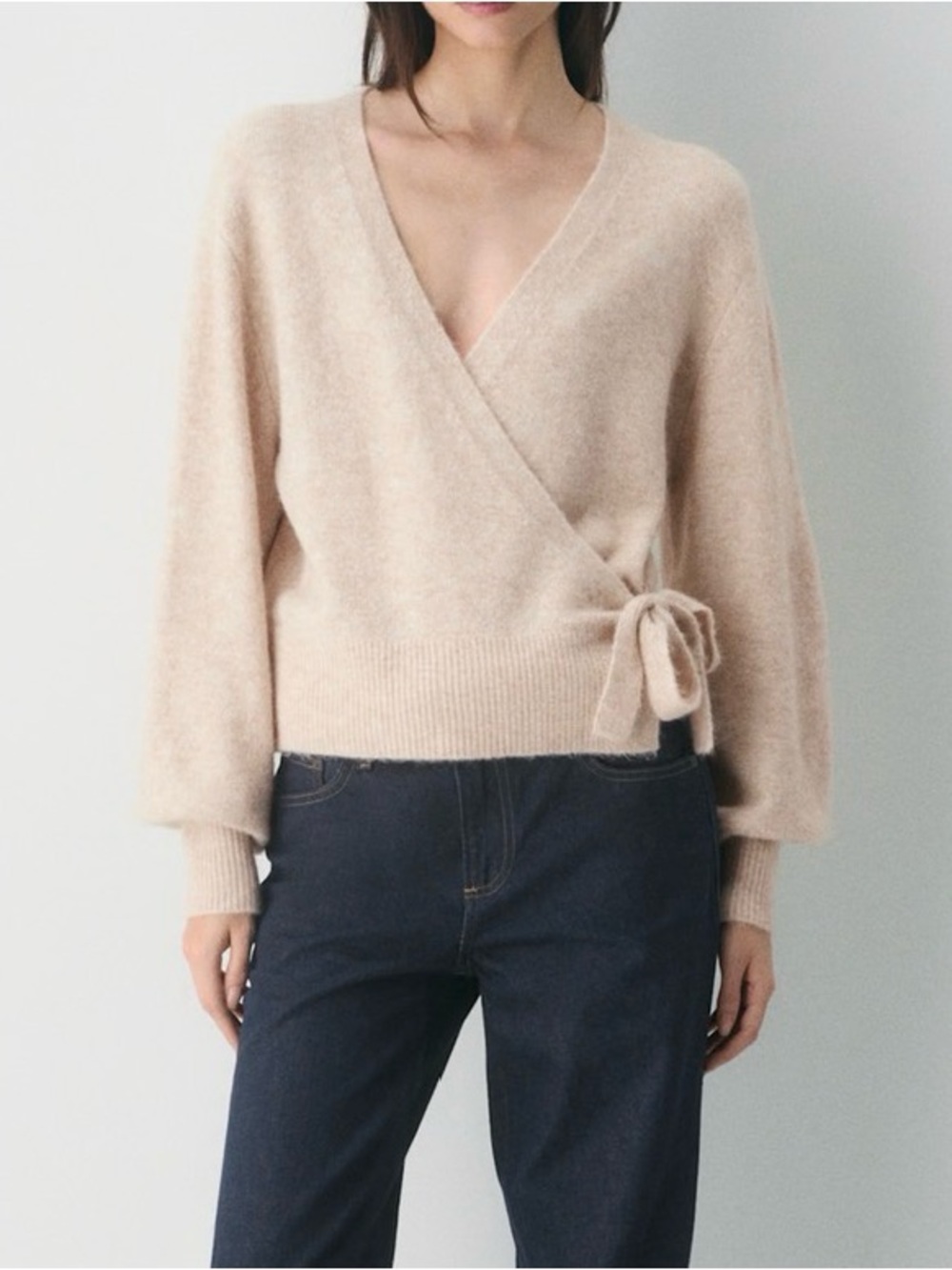 Aritzia Soft Wrap Tie V-Neck Sweater in Light Beige